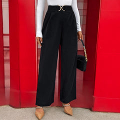 Women Black High Waist Straight Pants With Buckle