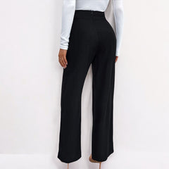 Women Black High Waist Straight Pants With Buckle