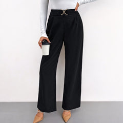 Women Black High Waist Straight Pants With Buckle