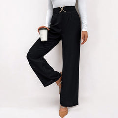 Women Black High Waist Straight Pants With Buckle