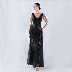 Elegant V-Neck Floral Sequin with Cloak Craft Beading Evening Dress