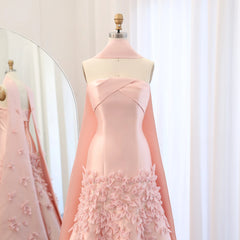 Luxury Satin 3D Leaves Blush Pink Evening Dress with Cape