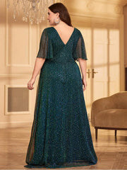 Plus Size V-Neck Green Polka Dot Evening Dress