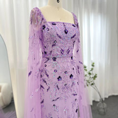 Luxury Feathers Lilac Evening Dress with Cape Sleeves