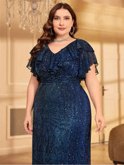 Plus Size V-Neck Blue Polka Dot  Sparkling Evening Dress