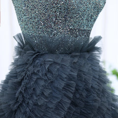 Luxury Beaded Strapless Ruffles Blue Ball Gown Evening Dress