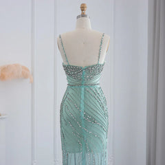 Luxury Crystal Orange Spaghetti Straps Mermaid Evening Dress