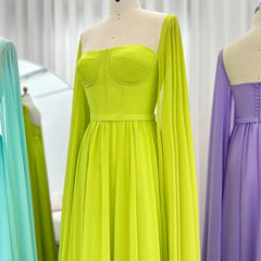 Elegant Lemon Yellow Evening Dress with Cape Sleeves