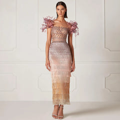 Luxury Feathers Tassel Lilac Evening Dress