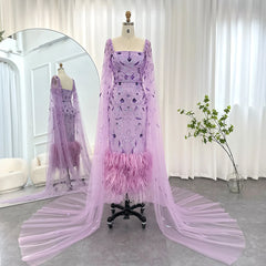 Luxury Feathers Lilac Evening Dress with Cape Sleeves