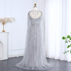 Luxury Exquisite Champagne Tulle Mermaid Evening Dress with Cape