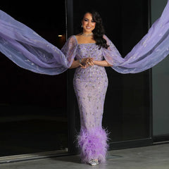 Luxury Feathers Lilac Evening Dress with Cape Sleeves