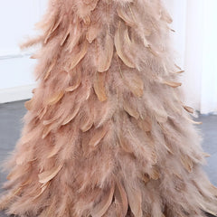 Exquisite Luxury Beaded Feather Nude Tulle Evening Dress