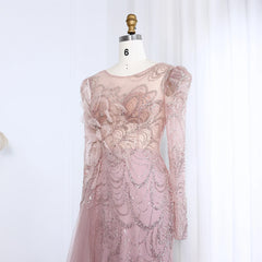 Luxury Beaded Sequined Pink Evening Dress with Sweep Train