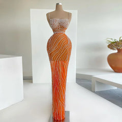 Luxury Crystal Orange Spaghetti Straps Mermaid Evening Dress