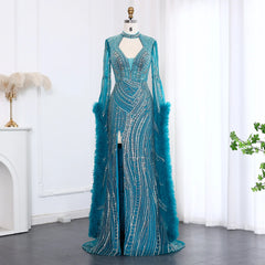 Luxury Beaded Sequined Mermaid Evening Dress with Cape Sleeves