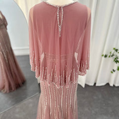 Luxury V-Neck Pink Evening Dress with Cape