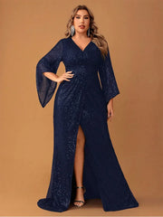 Plus Size Long Sleeve V Neck Evening Dress