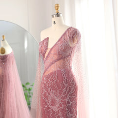 Elegant One Shoulder Pink Evening Dress with Cape Sleeves