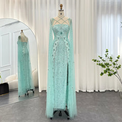 Luxury Aqua Lilac Mermaid Evening Dress with Cape Sleeves