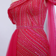 Luxury Elegant One-Shoulder Fuchsia Evening Dress with Cape Sleeve