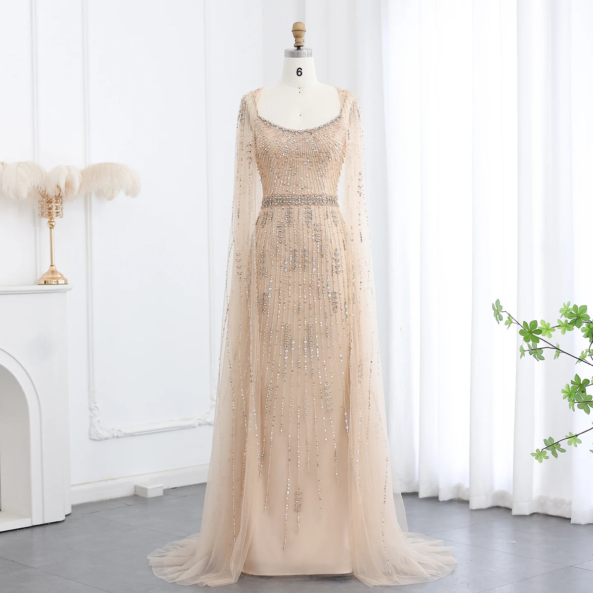 Luxury Exquisite Champagne Tulle Mermaid Evening Dress with Cape