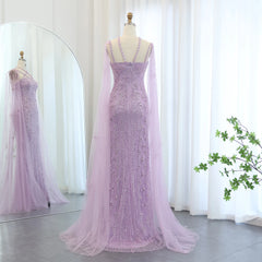 Luxury Aqua Lilac Mermaid Evening Dress with Cape Sleeves