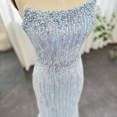 Elegant Strapless Light Blue Pearls Luxury Evening Dress