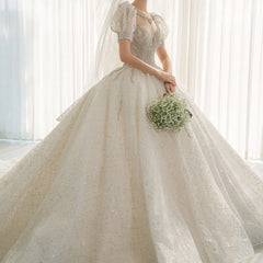 Elegant Short Sleeves Beaded Ball Gown Wedding Dress