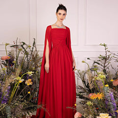 Luxury Elegant Red Chiffon Evening Dresses with Cape Sleeves