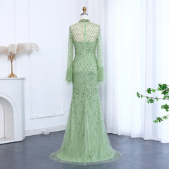 Luxury Beaded Feathers Sage Green Evening Dress