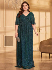 Plus Size V-Neck Green Polka Dot Evening Dress