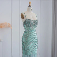 Luxury Crystal Orange Spaghetti Straps Mermaid Evening Dress