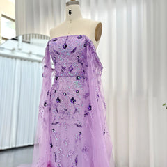 Luxury Feathers Lilac Evening Dress with Cape Sleeves