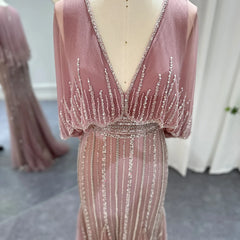 Luxury V-Neck Pink Evening Dress with Cape