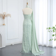 HELEN Sage Green Luxury Feathers Evening Dress with Scarf Cape