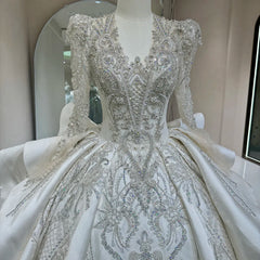 Ruffled Long-Sleeved Beaded Appliqué Princess Wedding Dress