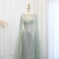 Luxury Exquisite Sage Green Evening Dress with Cape Sleeves