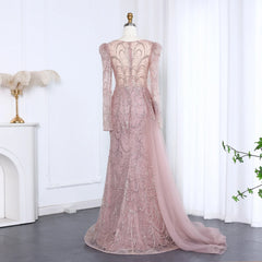 Luxury Beaded Sequined Pink Evening Dress with Sweep Train