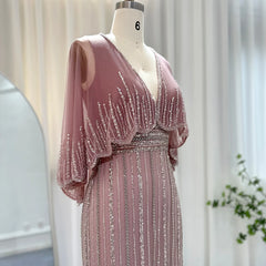 Luxury V-Neck Pink Evening Dress with Cape