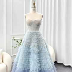 Luxury Blue Ombre Tiered Ruffles Evening Dress