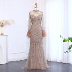 Luxury Beaded Feathers Sage Green Evening Dress