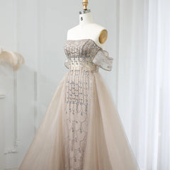 Luxury Champagne Evening Dress with Detachable Skirt