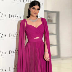 Luxury Fuchsia Chiffon Evening Dress with Cape Sleeves