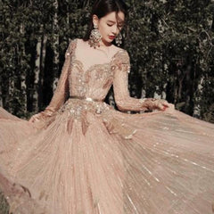 Elegant Long Sleeve Rose Gold Luxury Evening Dress