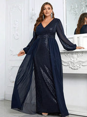 Plus Size V-Neck Sequined Chiffon Long-Sleeved Evening Dress