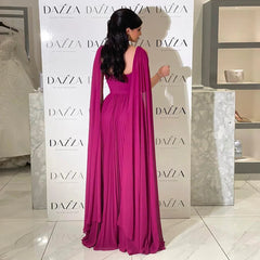 Luxury Fuchsia Chiffon Evening Dress with Cape Sleeves