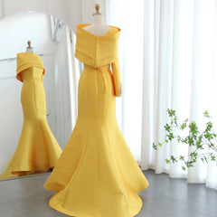 Luxury Yellow One Shoulder Evening Dress with Cape