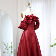 Luxury 3D Flowers Burgundy Satin Off-Shoulder Evening Dress