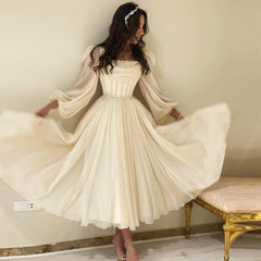 Long Sleeves Tea Length Beige Midi Evening Dress with Belt